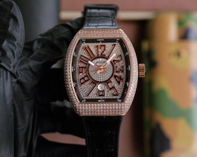 Franck Muller Vanguard Yachting V45 44*54mm ETA2824 Movement Iced Out Rose Gold Leather Band Watch